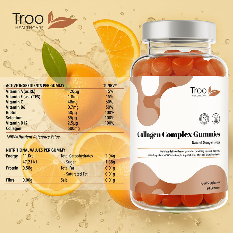 Troo Health Care Collagen Complex - 90 Natural Orange Gummies - One Per Day Hydrolysed Collagen with Biotin, Vitamin C & Selenium - Three Months Supply – Healthy Skin & Hair for Men & Women 90 count (Pack of 1)