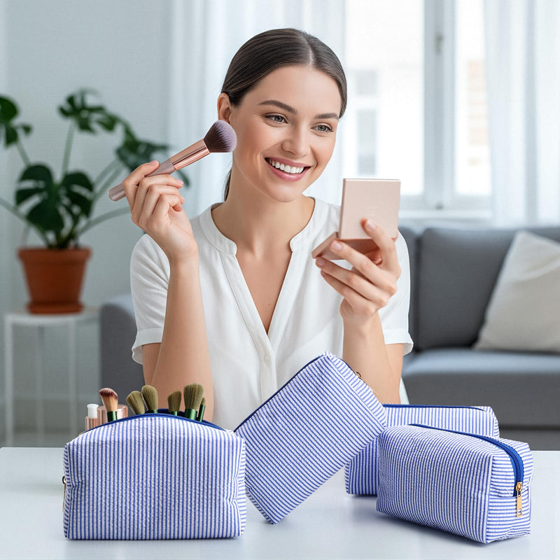 Sanwuta 12 Pcs Seersucker Cosmetic Bags Bulk, Striped Zippered,Blue | Makeup Bags Women Pouch, Large Preppy Storage Toiletry Travel Pouch for Wedding Bridesmaid Bride Favor Back to Teacher Gift Blue 1