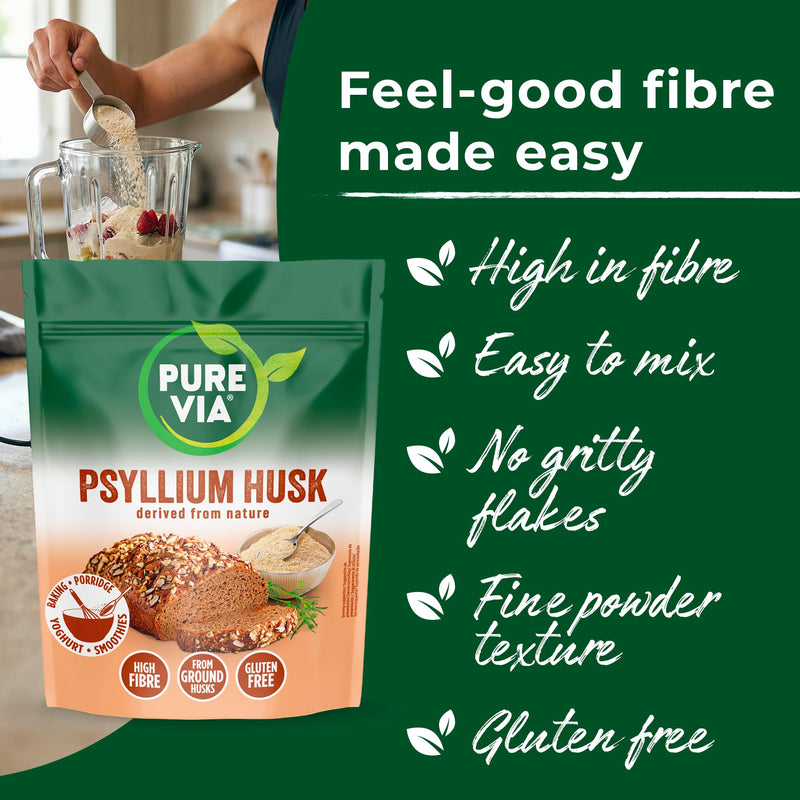 Pure Via Psyllium Husk 500g | Plant-Based Fibre | Fine Milled for Easy Mixing | Ideal for Smoothies, Baking & Everyday Recipes | Vegan & Gluten-Free