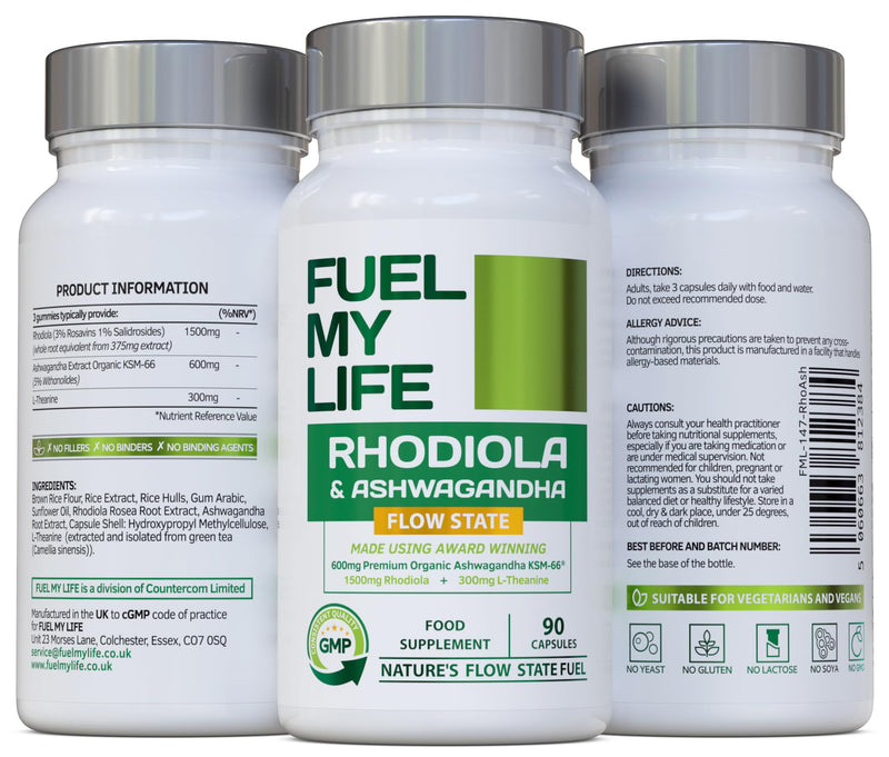 FlowState - Rhodiola & Ashwagandha with L-Theanine - Award Winning Ashwagandha KSM-66 600mg & 1500mg Rhodiola - Whole Root Equivalent- adaptogen Combo- No Artificial fillers- UK Made