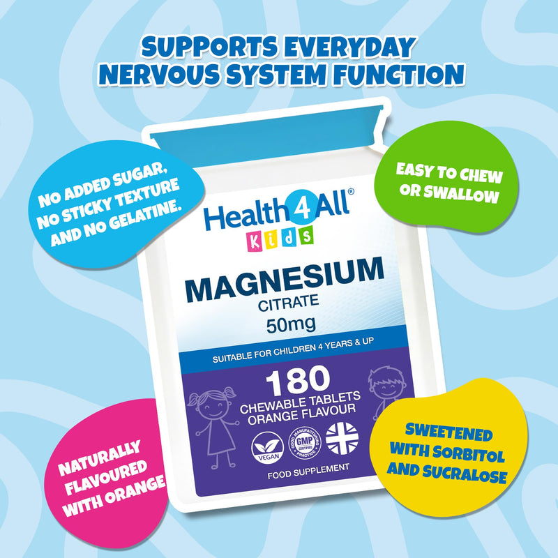 Health4All Kids Magnesium 180 Chewable Tablets for Anxiety, Sleep, Ticks. Tasty Orange Chewable Magnesium Supplement for Children 4+, Vegan, Sugar-Free | Made in UK | Alternative to Glycinate Gummies 180 count (Pack of 1)