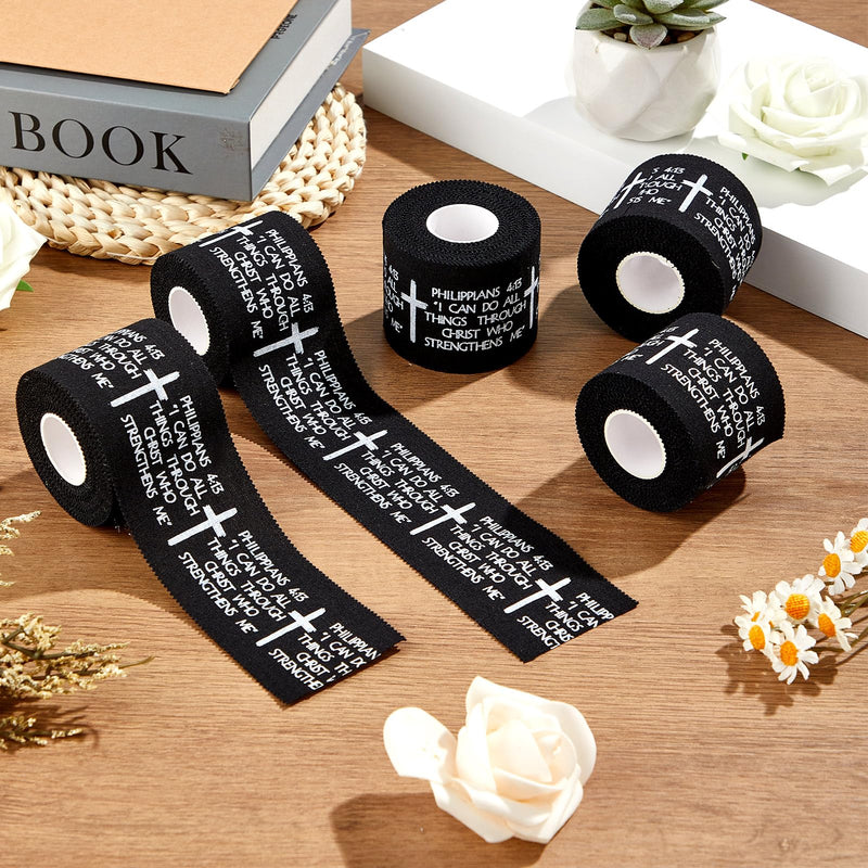 5Pcs Christian Athletic Tapes 2in x 23ft Black Cotton Zinc Oxide Sport Tape Faith Cross Sports Wristbands Religious Bible Verse Wrist Tape for Football Baseball Gymnastic Boxing First Aid Injury Wrap 5