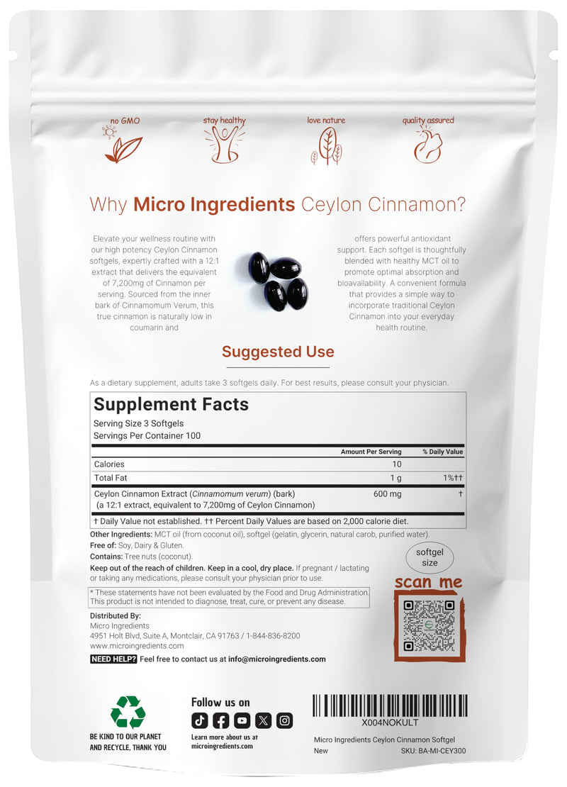 [Australia] - Ceylon Cinnamon 7,200mg Equivalent | 300 Softgels with MCT Oil | Highly Bioavailable Herbal Extract | Extra Strength Cinnamon Supplements | Antioxidant & Sugar Monitor Support | Non-GMO, Gluten Free 