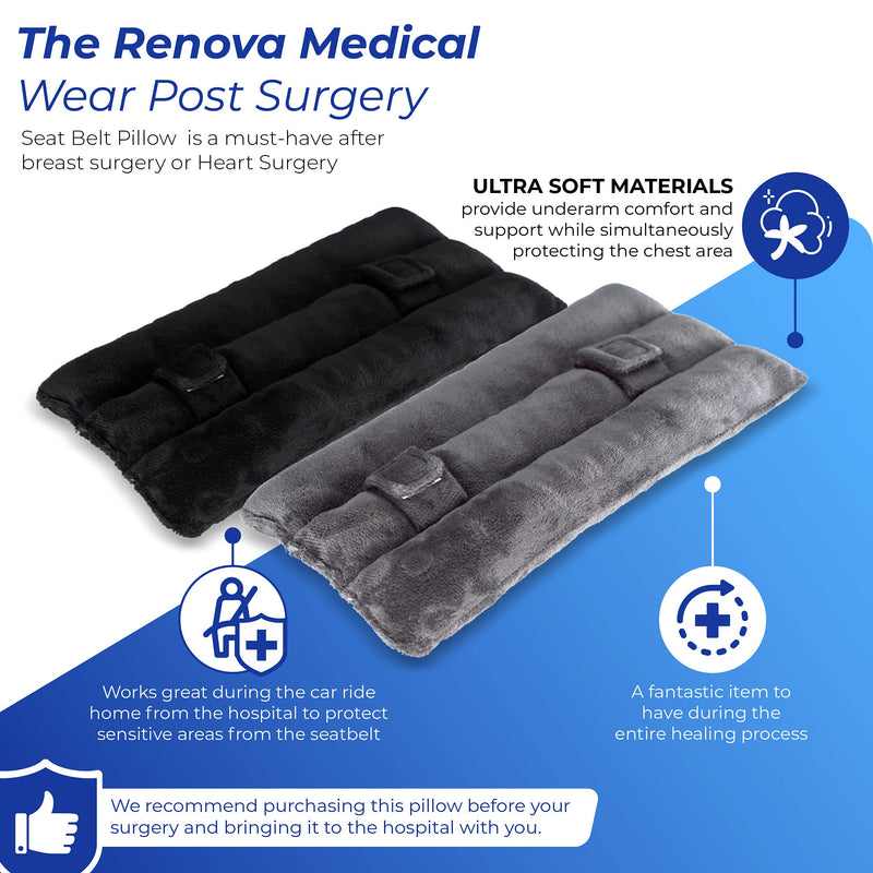 Post Surgery Seat Belt Pillow - Mastectomy Recovery, Heart Surgery Recovery, Cushion for Chemo Port & Pacemaker, Hysterectomy Recovery Pillow Grey