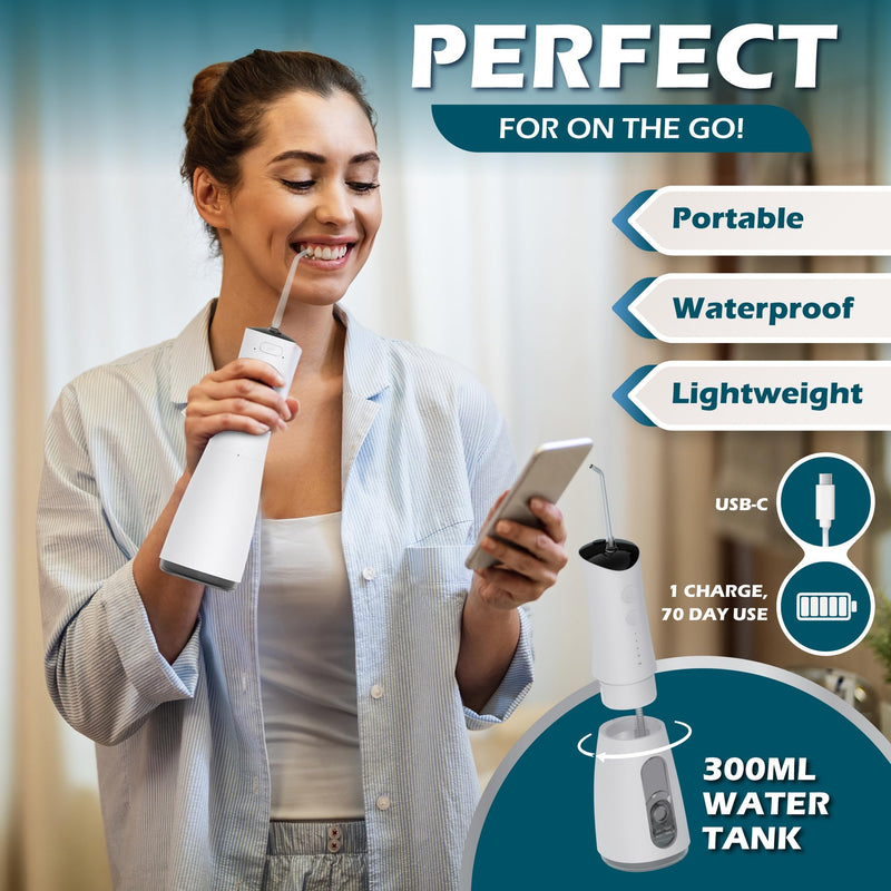 [Australia] - High-Pressure 120PSI Water Dental Flosser with 300ml Reservoir - Portable Water Flosser for Teeth & Gum Cleaning - Rechargeable with 4 Pressure Modes, 1600 Pulses/Minute & IPX7 Waterproof 