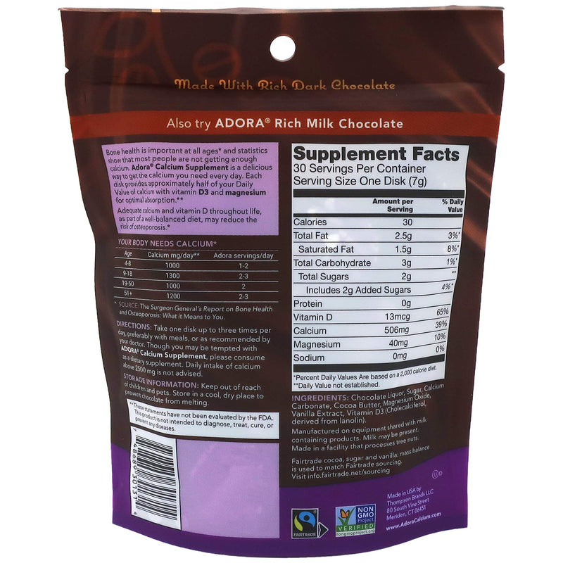 Adora Calcium Supplement, Fairtrade Dark Chocolate, Single Pack - 30 ct 30 Count (Pack of 1)