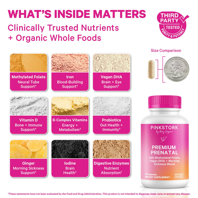 Pink Stork Premium Prenatal Vitamins for Women, 60 Count | No Fishy Burps, Methylated Folate, Choline, Vegan Algae DHA, Iron, Doctor-Formulated, Organic Whole-Foods, Probiotic 60 Count (Pack of 1)