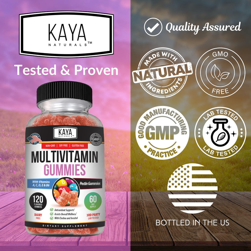Kaya Naturals Adult Multi Vitamin Gummy, 120 Count, Biotin, Vitamin A, B-12, C & E, Including Zinc, Folic Acid, Strawberry Flavor (120 Gummies) (Pack of 2) 120 Count (Pack of 2)