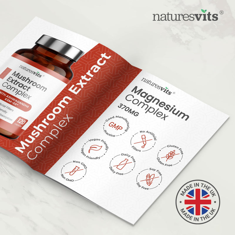 4000mg 6 Mushroom Complex with Ashwaghandha KSM-66, Lions Mane, Cordyceps, Shiitake, Reishi, Chaga and Maitake, 120 Capsules, 2/Day Focus and Brain Support Herbal Nootropic - 40% Polysaccharides