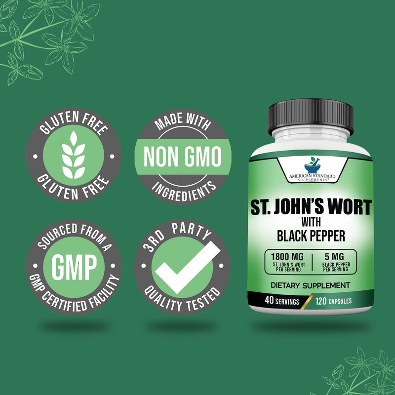 [Australia] - American Standard Supplements St. John’s Wort 1800mg Per Serving with Black Pepper Fruit Extract - Vegan, Gluten Free, Non-GMO, 120 Capsules, 40 Servings 