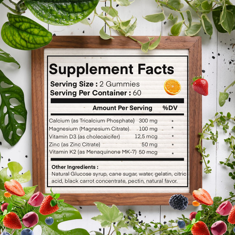 Magnesium Calcium Zinc with Vitamin D3 & K2 Gummies, Multivitamin for Women and Men, Bone Strength & Muscle Function, Extra Absorption Formula, 30 Days Serving