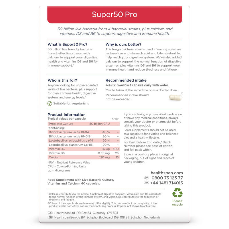 [Australia] - Healthspan Super50 Probiotic | Support for healthy intestinal flora with vitamin D3 and calcium | Reduces fatigue with vitamin B6 | High quality formula | Lactose free | Vegetarian | 60 capsules 