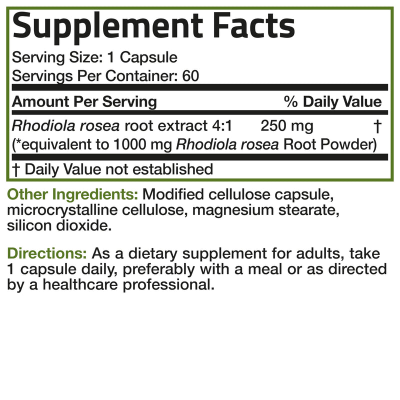 [Australia] - Bronson Rhodiola Rosea Vegetarian Capsules - Adaptogenic Herb - Brain, Stress & Mood Support - Non-GMO, 60 Count Unflavoured 60 Count (Pack of 1) 