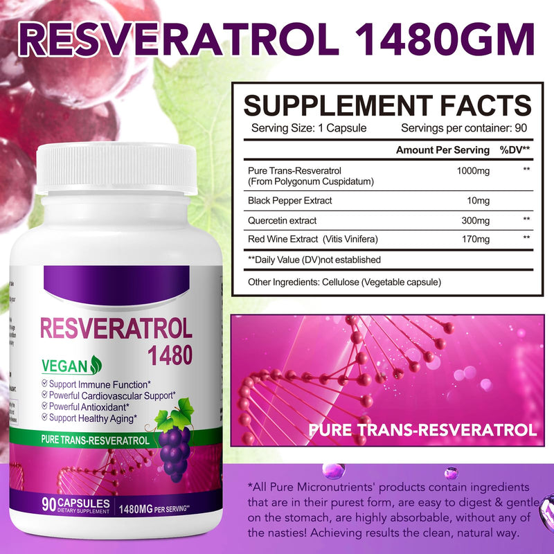 Resveratrol Supplement 1480mg, 90 Capsules High-Potency Trans-Resveratrol Supplement for Heart, Skin, and Anti-Aging Antioxidant