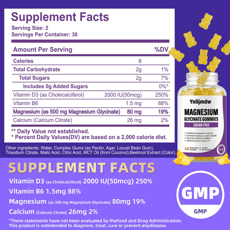Magnesium Glycinate Gummies 500mg 2 Pack, Magnesium High-Absorption | Magnesium with Calcium & Vitamins,High-Absorption, Supports Bone,Muscle&Sleep, Vegan,Non-GMO,Pineapple Flavor 60 Count (Pack of 2)