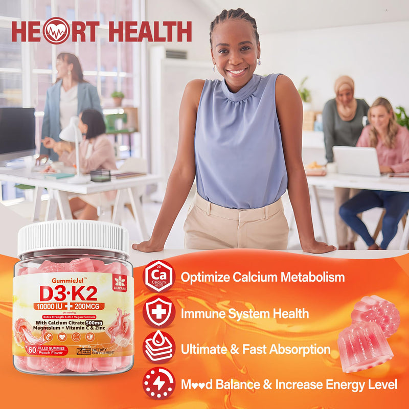 [Australia] - Vitamin D3 K2 Gummies 5000IU / 10,000 IU with 500mg Calcium + K2(MK-7) 200mcg, Magnesium, Vitamin C & Zinc, Extra Strength - Ultimate Absorbency for Bones, Muscles, Teeth, Vegan, 60 Count (Pack of 1) 60 Count (Pack of 1) 