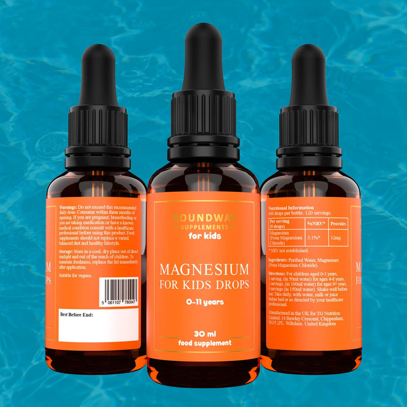 Magnesium for Kids Drops | Supports Sleep & Relaxation, Helps Calm & Focus, Ionic Liquid Supplement for 0-11 Years | Unflavoured, Mix with Water or Milk by Roundway Supplements | Long Supply
