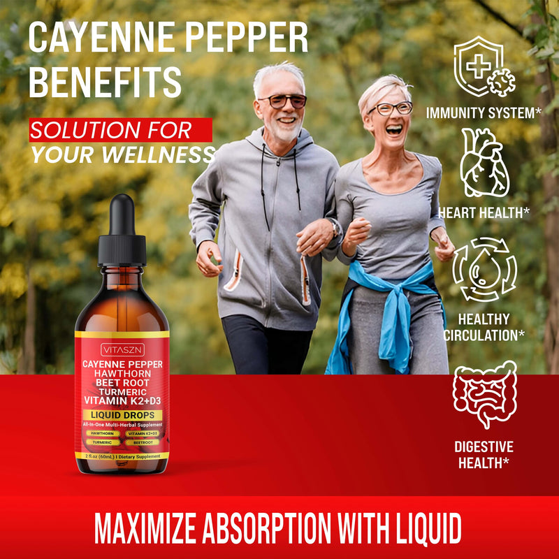 [Australia] - Cayenne Pepper Drops Liquid Supplement with Hawthorn Berry, Vitamin D3 + K2, Beet Root, Ceylon Cinnamon, Turmeric Curcumin, Panax Ginseng & Berberine Vegan-Friendly, Easily Absorbed 2oz - 60ml 