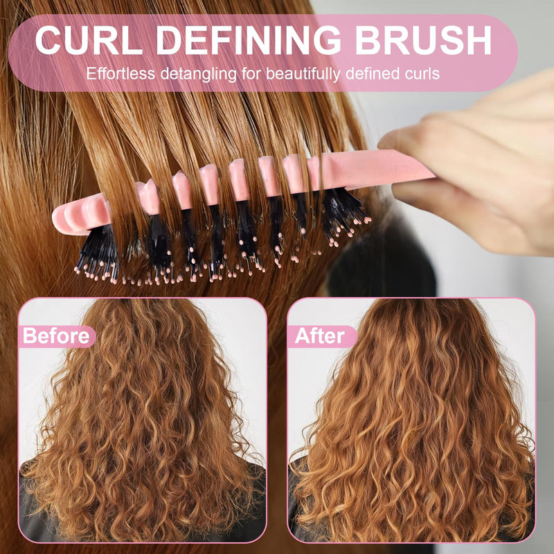 DUAIU 5Pcs Hair Brush Set, Curl Defining Brush for Detangling, Boar Bristles Paddle Brush and Wide Tooth & Rat Tail Comb Set with Travel-Sized Mirror, Hair Style Care Gift Kit for Women Men Kids(Pink) Pink