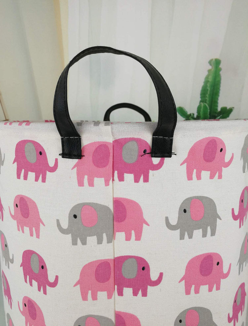 [Australia] - 19.7 Laundry Hamper Toys Box Storage Bins Canvas Waterproof Collapsible Clothes Organizer Basket with Handle Freestanding Large Cute Light Weight for Home Kids Baby Room(elephant) pink grey elephant 