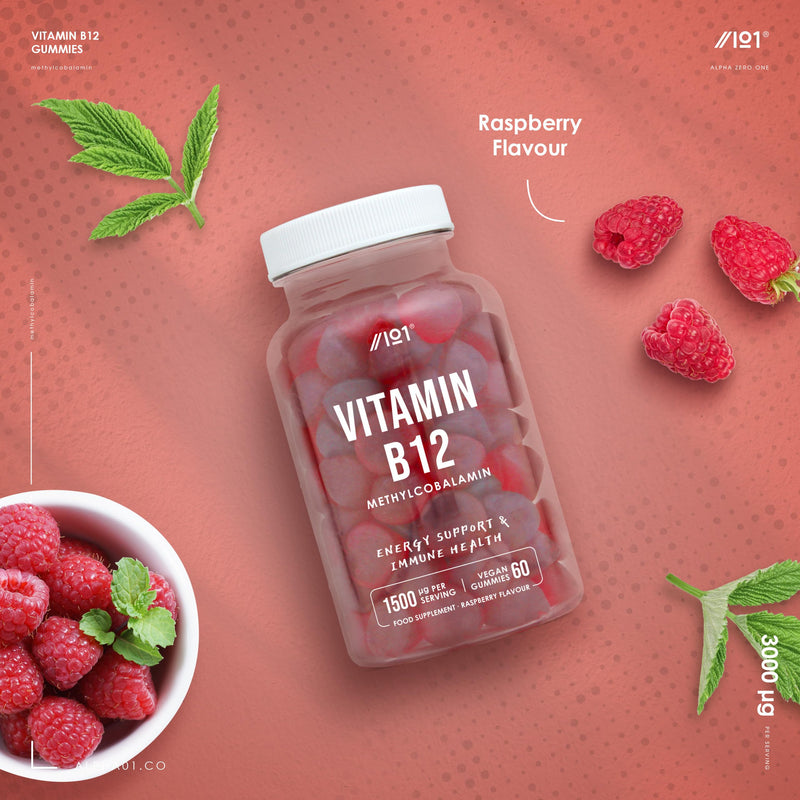 Vitamin B12 Gummies 1,500mcg (per Gummy) - High Strength Methylcobalamin Supplement - Raspberry Flavour - 60 Vegan Gummies by Alpha01 Jar