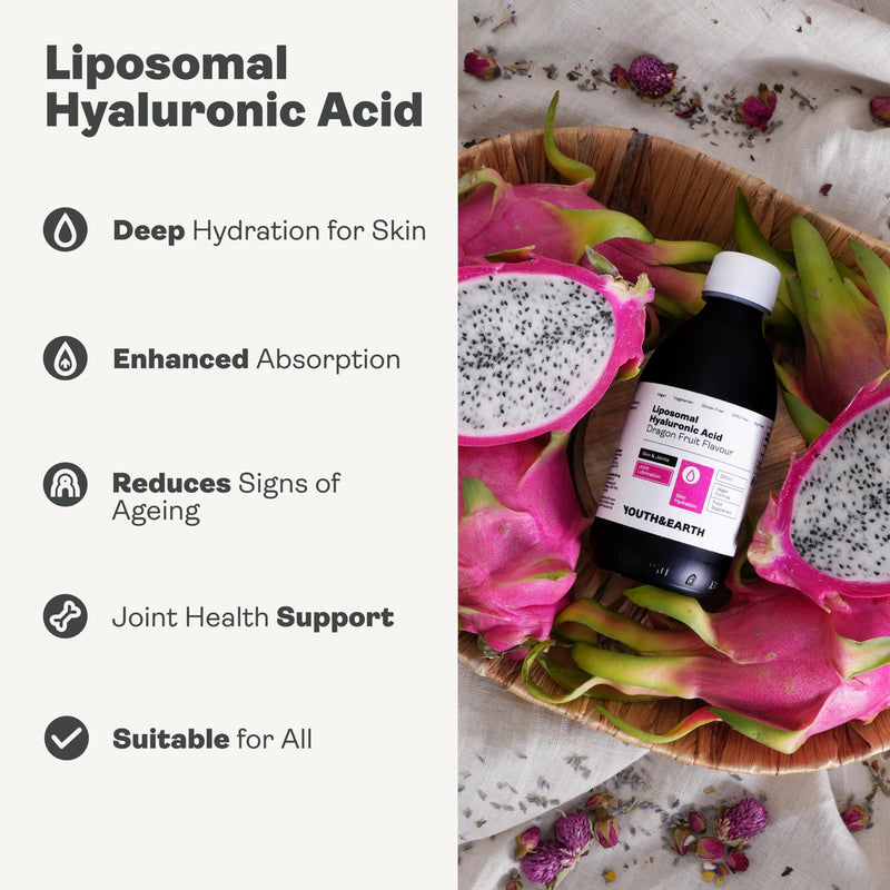 Youth & Earth Liposomal Hyaluronic Acid Liquid - Pure Hyaluronic Acid Supplements for Natural Skin Hydration & Joint Supplements for Men & Women - 100% Vegan Formula Dragon Fruit Flavor - 250ml