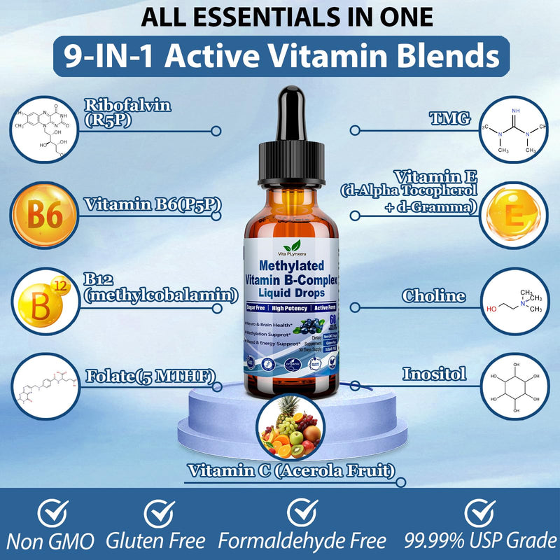 Methylated B Complex Liquid Drop Complete 9-in-1 Methyl B Vitamins w. B12 Methylfolate Inositol Choline TMG Vitamin C E, Super B-Complex Methylated for MTHFR Support, Energy Mood Nerve & Brain Health
