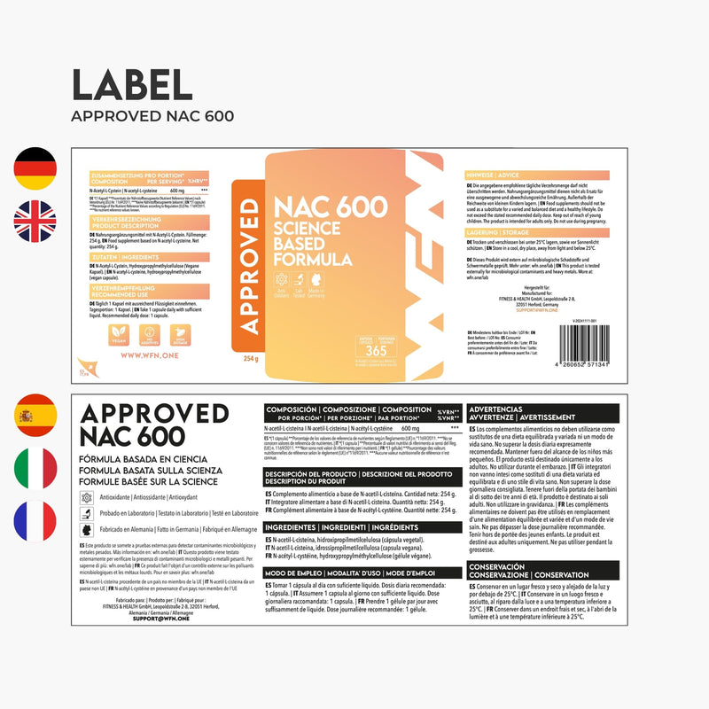 WFN Approved NAC 600 mg per Capsule - N-Acetyl-L-Cysteine - 365 Capsules Annual Supply - Highly dosed, Vegan, Without additives - Produced & Laboratory Tested in Germany 600mg - Capsules