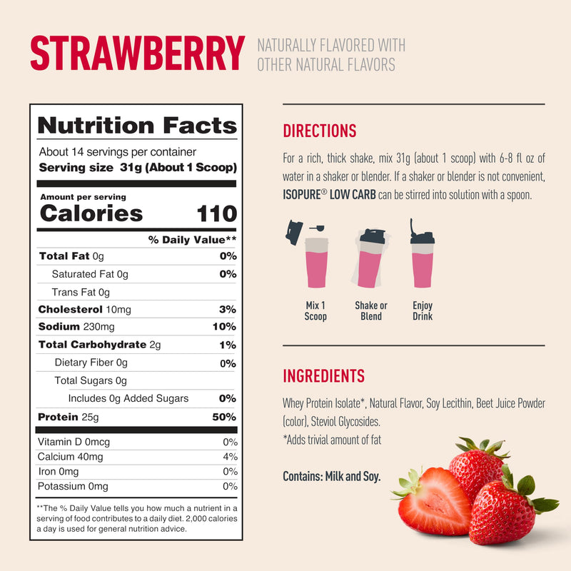 Isopure Low Carb 100% Pure Whey Isolate Protein Powder, Lactose Free, Gluten Free, With Vitamins, Strawberry, 25g Protein Per Serving, 1 Lb, 14 Servings (Packaging May Vary) | 25g Protein Per Serving, 100% Whey Protein Isolate, Lactose Free, Gluten Fre...