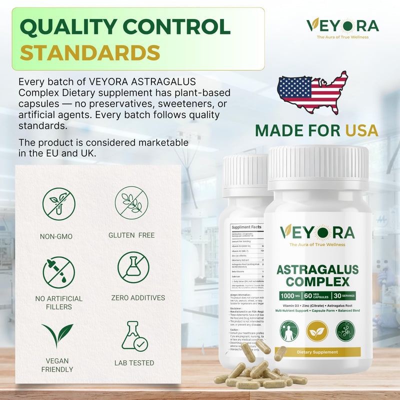 Astragalus Complex 1000 mg | 60 Vegan Capsules | Astragalus Root, Elderberry Extract, Beta Glucans, Vitamin D3, K2, Zinc & Selenium | Dietary Supplement | Non-GMO | Gluten-Free | Made for USA