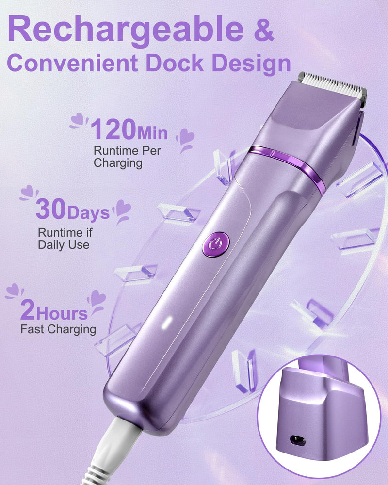 Bikini Trimmer for Women,Electric Razors for Women,Cordless Body Shaver for Trip, Body Groomer for Face, Legs,Bikini Line,Foil, IPX7 Waterproof&Easy Cleaning, Ceramic Blade, USB Charge Dock,Purple