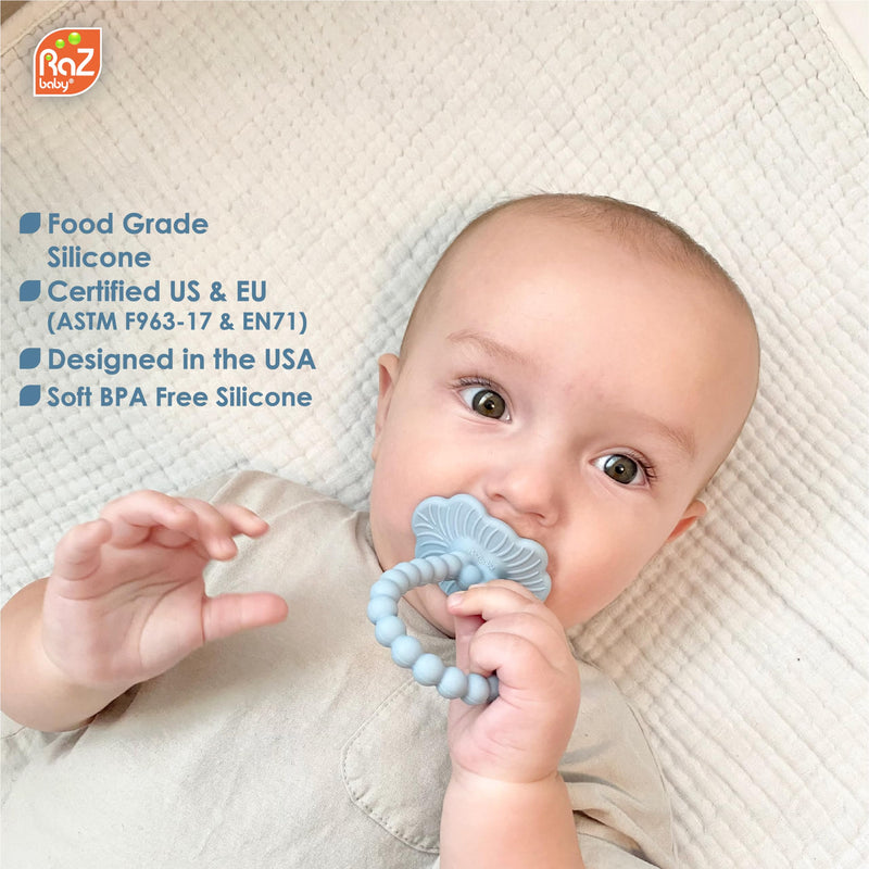 [Australia] - RaZbaby Silicone Baby Teether, BerryBumps Textured Silicone Soothes Babies’ Sore Gums, Infant Front and Back Teething Relief Toy, BPA Free, Easy-to-Hold, RaZberry Plus Fruit Shape, 3M+ – Blue 