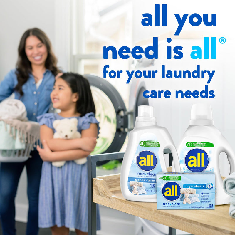 [Australia] - all Fabric Softener Dryer Sheets for Sensitive Skin, Free Clear, 195 Count 