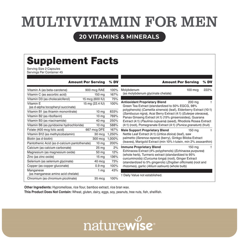 NatureWise [1] Multivitamin for Men - Non-GMO - 90 Capsules[45-Day Supply] + (Pack of 2) Omega 3 Fish Oil 1000mg + Vitamin E - Wild-Caught - 60 Softgels[30-Day Supply]