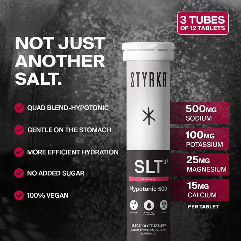 Electrolytes Tablets by Styrkr - Berry - 3X Pack of 12 Hydration Tablets - 500mg per Serving - 2X Higher Salts - Used by Endurance Athletes - Advanced Quad-Blend Formulation - SLT07 12x per Tube 500MG Mild Berry 12 count (Pack of 3)