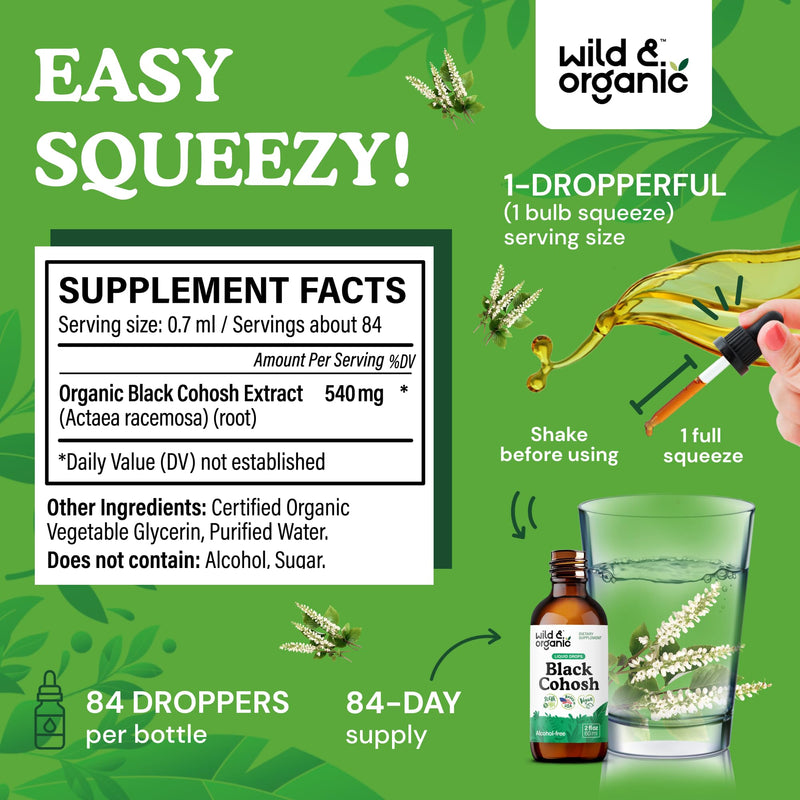 [Australia] - Wild & Organic Black Cohosh Liquid Drops 540 mg - Herbal Supplements for Women - Liquid Black Cohosh Extract Tincture - 2-Month Supply - Vegan, Sugar & Alcohol-Free - 2 fl oz 2 Fl Oz (Pack of 1) 