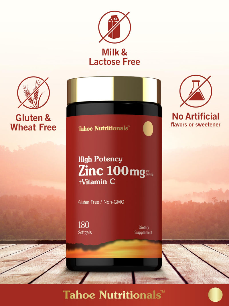 Carlyle Zinc Supplement 100mg with Vitamin C | 180 Softgels | Non-GMO, Gluten Free | Tahoe Nutritionals