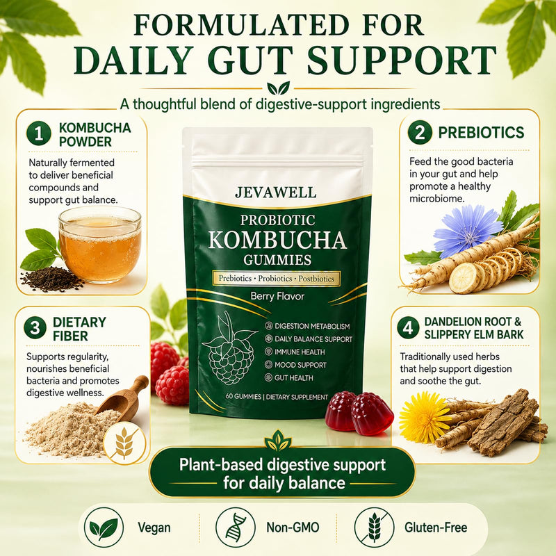 Jevawell Kombucha Gummies, Probiotic Digestive Health Supplement with, Organic Prebiotics, for Gut Health, Immune Boost, and Natural Energy – Vegan, Non-GMO, Gluten-Free, 60 Gummies 1 Ounce (Pack of 1)