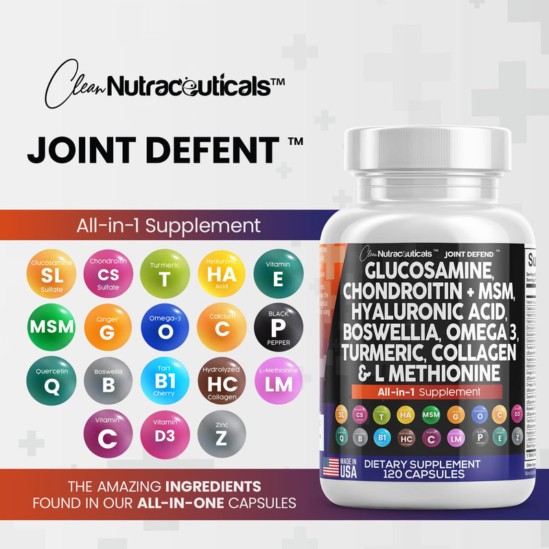 [Australia] - Clean Nutraceuticals Glucosamine Chondroitin MSM Turmeric Hyaluronic Acid Boswellia Collagen Tart Cherry - Joint Support Supplement Omega 3 Pills Ginger Quercetin Capsules - 120 Count USA 