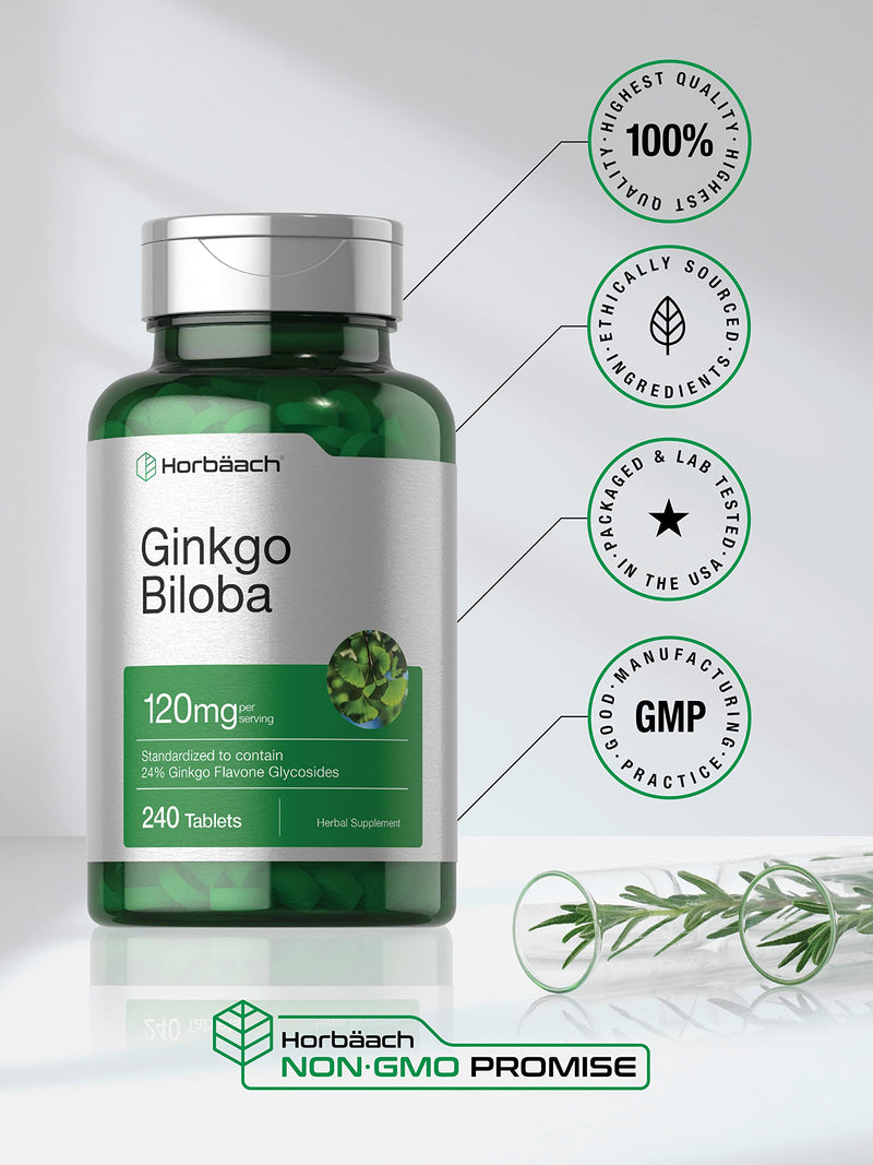 Horbäach Ginkgo Biloba 120mg | 240 Tablets | Gluten Free & Non-GMO Supplement