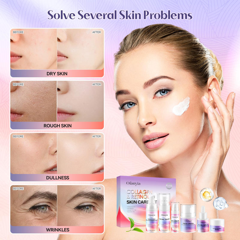 Collagen Retinol Skincare Set, 6 Pcs Anti-Aging Skin Care Set with Hydrating Cleanser, Eye Cream, Toner, Cream & Lip Mask, Facial Kit for Women, Birthday Gift for Her Collagen & Retinol