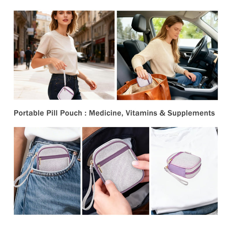 Weekly Travel Pill Organizer 2 Times A Day Pill Case for Purse with Removable AM PM 7 Day Pill Box Holder,Cute Medication Organizer Pill Container for Medicine, Vitamin, Supplement (Purple, Medium) Purple 02