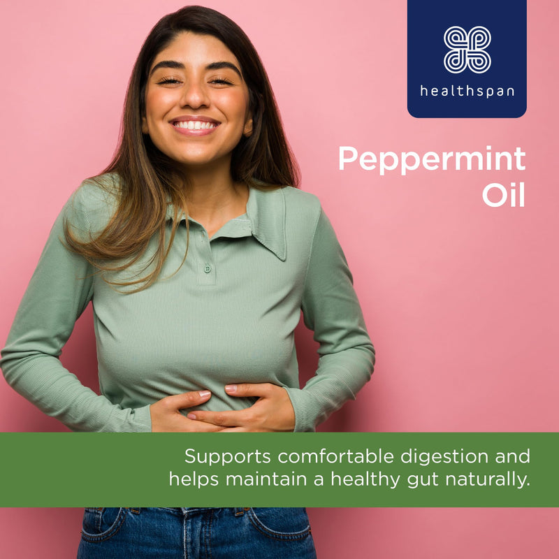 Healthspan High Strength Peppermint Oil 100mg (180 Capsules) | Helps to Support a Healthy Digestion | One-A-Day & Easy to Swallow Capsule | Vegan