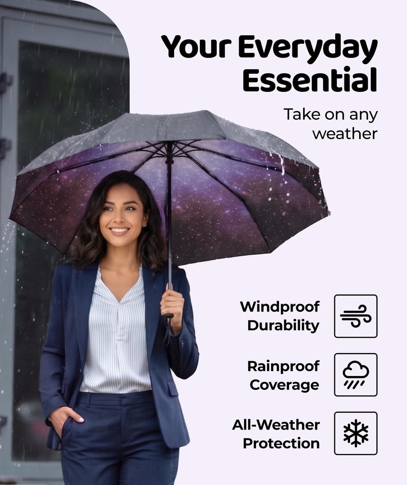 Windproof Travel Umbrella - Compact & Withstands Winds up to 100MPH, Strongest Premium Auto Folding Umbrella for Rain and Sun - Durable, Light & Portable for Women & Men, Fits Backpack & Cars Starry Night Standard