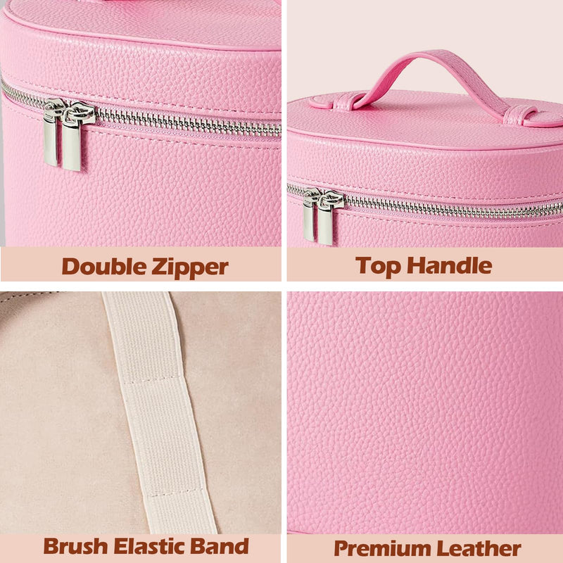 Makeup Case, Large Capacity Leather Makeup Bag with Removable Washable Compartment, Portable Waterproof Leather Cosmetic Case, Multi-functional Travel Organizer, Pink