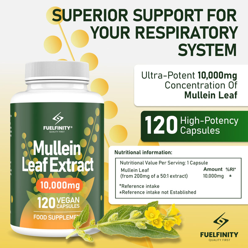 Mullein Leaf Extract for Lungs - 10,000 mg – Lung Cleanse & Lung Detox for Smokers – 120 Capsules - High Strength Respiratory Support - FuelFinity® - Vegan 1 Large Pack