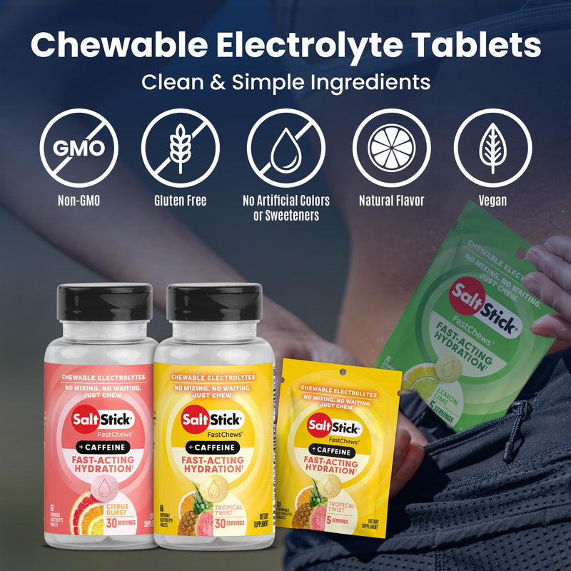 SaltStick Chewable Electrolytes with Caffeine - 60 Tropical Twist Electrolyte Energy Tablets - Just Chew It, Electrolyte Energy Chews for Hydration - 60 Count 60 Tablets