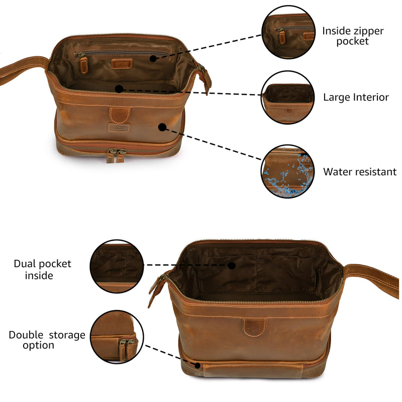 LEATHER VILLAGE Leather Toiletry Bag for Men, Travel Dopp Kit Shaving Bag | Full grain buffalo leather, two zip compartments, 9.6x5.5x5.1 in, YKK zippers, water-resistant lining, shaving kit- Tan Sun Tan