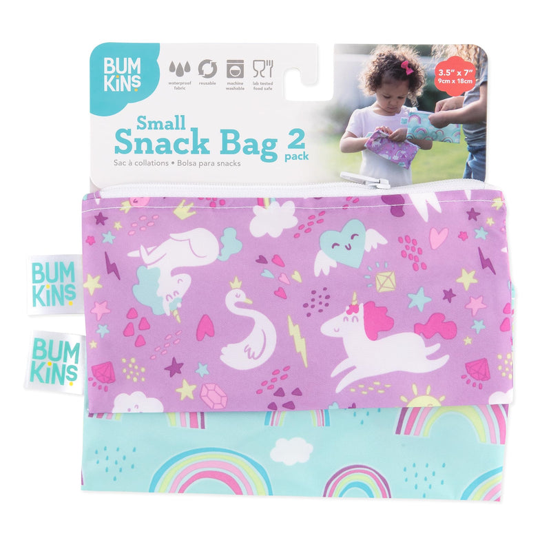 [Australia] - Bumkins Reusable Snack Bags, for Kids School Lunch and for Adults Portion, Washable Fabric, Waterproof Cloth Zip Bag, Supplies Travel Pouch, Food-Safe, 2-pk Unicorns and Rainbows G2 Unicorns & Rainbows-Sm Snack Bag 2-pk 