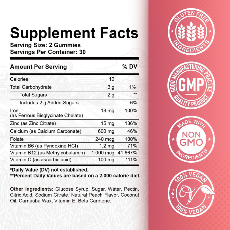 Iron Gummies with Zinc, Calcium, Vitamin C, B6 & B12 | Iron Supplement for Women, Men & Kids | Supports Anemia & Deficiency, Blood Builder & Cell Formation | Chewable Peach Flavor, 60 Gummies 60 Count (Pack of 1)